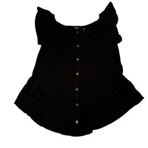 Du Jour Black Button Front Textured Knit Top With Ruffle Sleeve Detail Size XXS